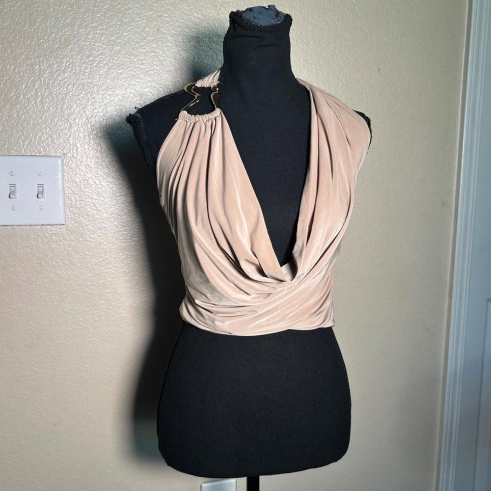 Y2K Cream Pink Draped Halter Top Gold Ruched Backless Cami Medium